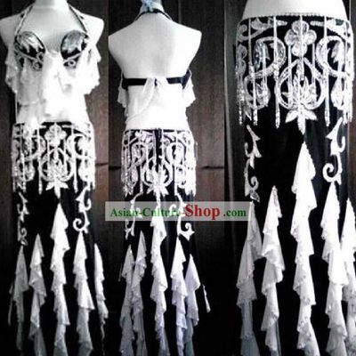 Top Black and White Belly Dance Costumes Complete Set for Women