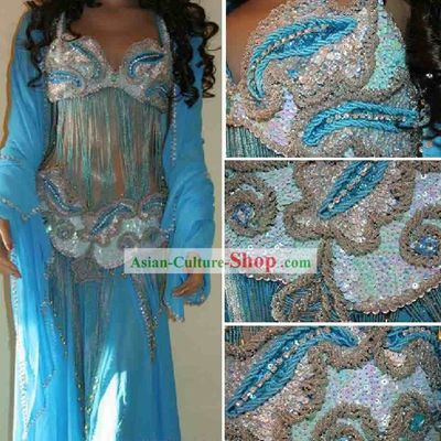 Top Competition Long Blue Belly Dance Costumes Complete Set for Women