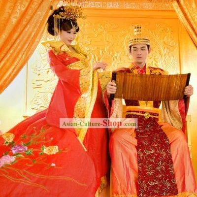 Traditional Chinese Bride and Bridegroom Wedding Dress and Hair Decoration 2 Sets