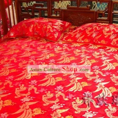 Beijing Rui Fu Xiang Silk Red Dragon Phoenix Wedding Bed Sheet Pillowships Set