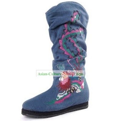 Chinese Handmade Phoenix Embroidered Cloth Boots