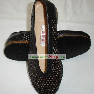 Traditional Chinese Beijing Bu Ying Zhai Cow Leather Black Summer Shoes for Men