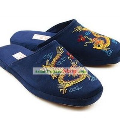 Chinese Handmade Bu Ying Zhai Embroidered Dragon Satin Slippers for Men