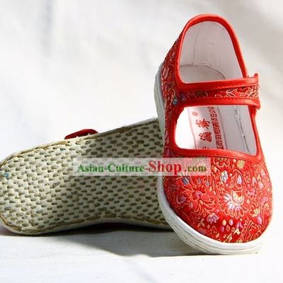 Chinese Handmade Bu Ying Zhai Red Brocade Shoes for Children