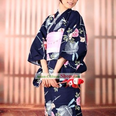 Japanese Morning Glory Yukata Kimono Obi Belt and Geta Sandal Six Pieces Complete Set for Women
