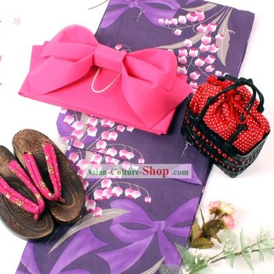 Japanese Butterfly Yukata Kimono Obi Belt and Geta Sandal Six Pieces Complete Set for Women