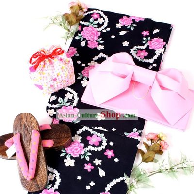 Japanese Yukata Kimono Obi Belt and Geta Sandal Six Pieces Complete Set for Women