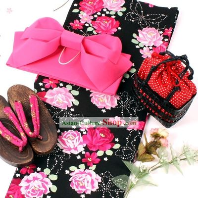 Japanese Yukata Kimono Obi Belt and Geta Sandal Six Pieces Complete Set for Women