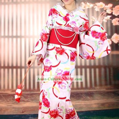Romantic Japanese Yukata Kimono Obi Belt and Geta Sandal Six Pieces Complete Set for Women