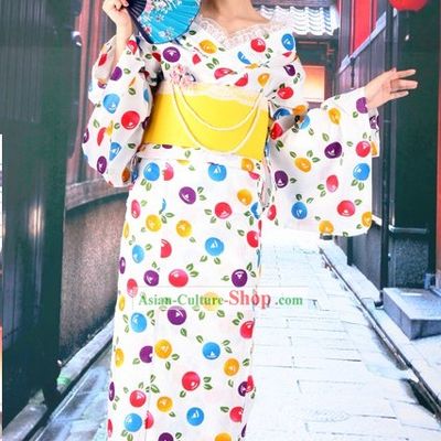 Colorful Japanese Yukata Kimono Obi Belt and Geta Sandal Six Pieces Complete Set for Women