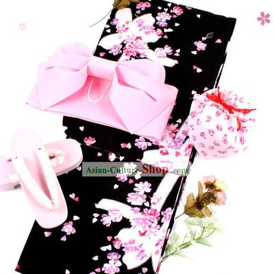 Japanese Classic Yukata Kimono Obi Belt and Geta Sandal Six Parts Complete Set for Women