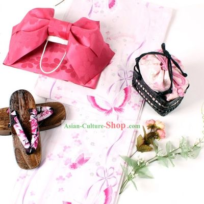 Japanese Classic Yukata Kimono Obi Belt Geta Sandal Complete Set for Women