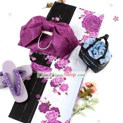Traditional Japanese Yukata Kimono Obi Belt Geta Sandal Complete Set for Women