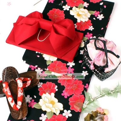 Japanese Female Yukata Kimono Obi Belt Geta Sandal Complete Set