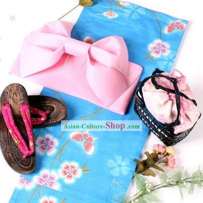 Japanese Blue Yukata Kimono Obi Belt Geta Sandal Complete Set
