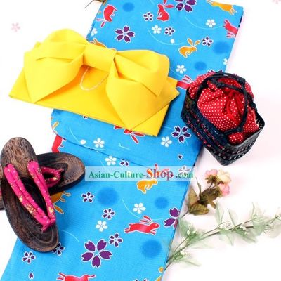 Japanese Blue Rabbit Yutaka Kimono Obi Belt Geta Sandal Complete Set for Women
