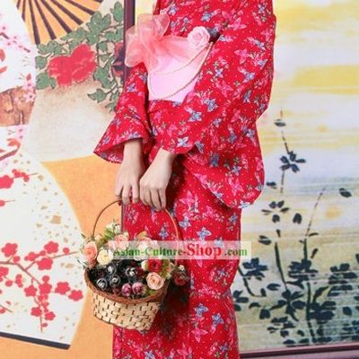 Japanese Red Yutaka Kimono Obi Belt Geta Sandal Complete Set for Women