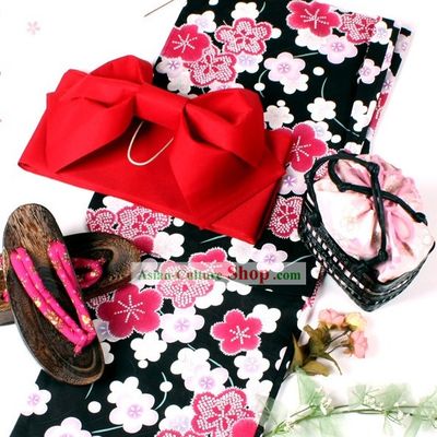 Japanese Female Yukata Kimono Obi Belt Geta Sandal Complete Set