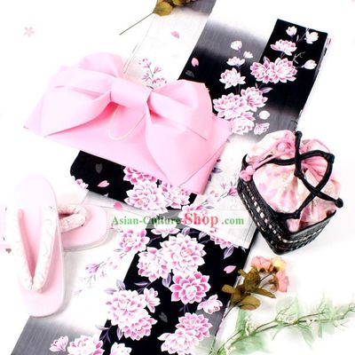 Traditional Japanese Yutaka Kimono Obi and Geta Sandal Complete Set for Women