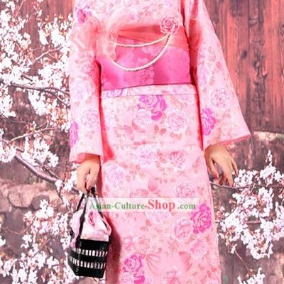 Traditional Japanese Pink Yutaka Kimono Obi and Geta Sandal Complete Set for Women