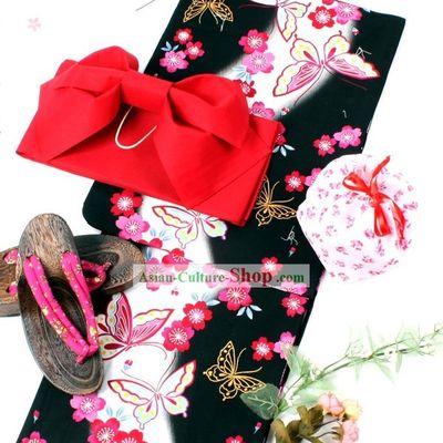 Traditional Japanese Butterfly Yutaka Kimono Obi and Geta Sandal Complete Set for Women