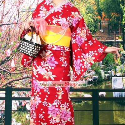 Traditional Japanese Yutaka Kimono Clothing Obi and Geta Sandal Complete Set for Women