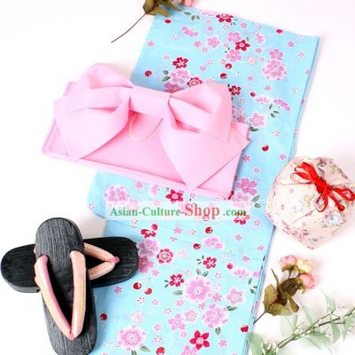 Traditional Japanese Yutaka Kimono Suit Obi and Geta Sandal Complete Set for Women