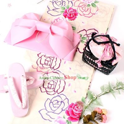 Japanese Yutaka Kimono Costumes Obi and Geta Sandal Complete Set for Women