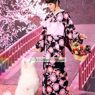 Japanese Yutaka Kimono Costume Obi and Geta Sandal Complete Set for Women