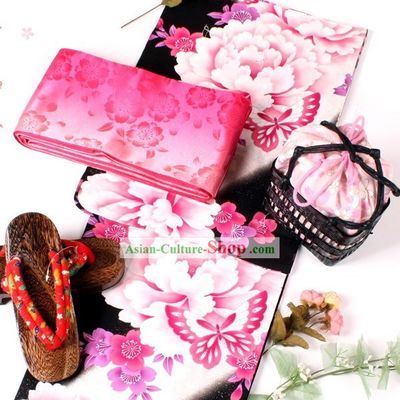 Japanese Yutaka Kimono Dresses Obi and Geta Sandal Complete Set for Women