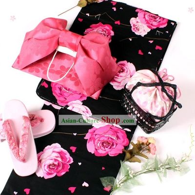 Japanese Yutaka Kimono Dress Obi and Geta Sandal Complete Set for Women