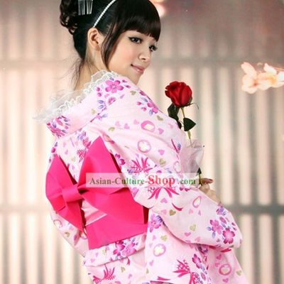 Japanese Romantic Pink Yutaka Kimono Obi and Geta Sandal Complete Set for Women