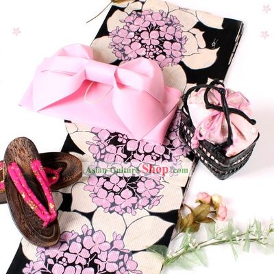 Japanese Romantic Pink Yutaka Kimono Obi and Geta Sandal Complete Set for Women