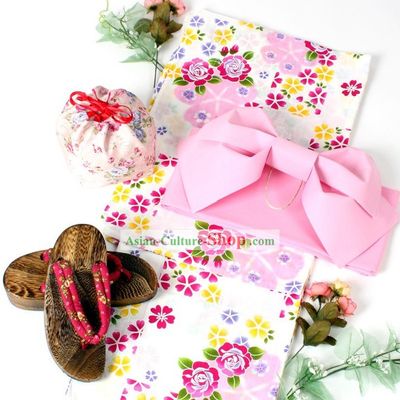 Japanese Yutaka Kimono Obi and Geta Sandal Complete Set for Women