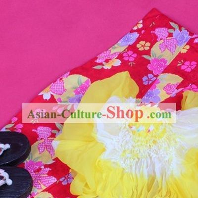 Japanese Yukata Kimono Dress Obi and Geta Sandal Complete Set for Children