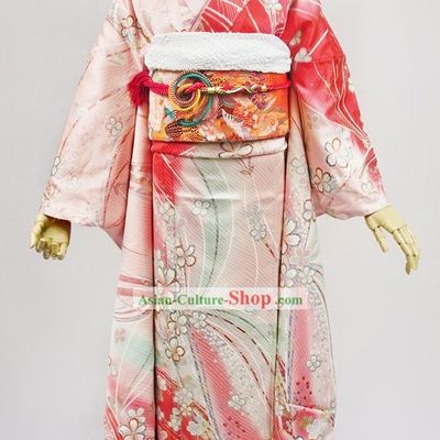 Traditional Japanese Furisode Kimono Dress Obi and Geta Sandal Complete Set for Women