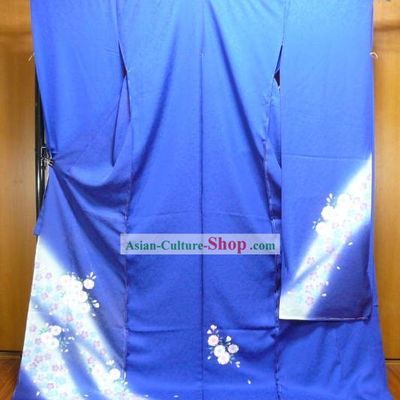 Traditional Japanese Blue Furisode Kimono Dress Obi and Geta Sandal Complete Set for Women