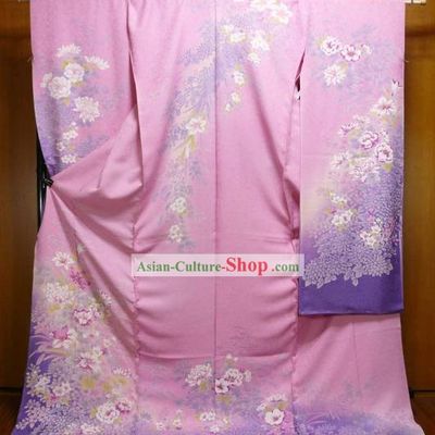 Traditional Japanese Furisode Kimono Dress Obi and Geta Sandal Complete Set for Women