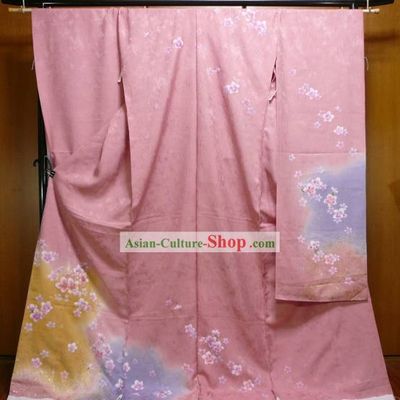 Japanese Classic Furisode Kimono Dress Obi and Geta Sandal Complete Set for Women