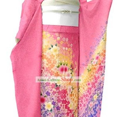 Japanese Classic Furisode Kimono Dress Obi and Geta Sandal Complete Set for Women