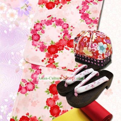 Japanese Yukata Kimono Dress and Geta Sandal Complete Set for Women
