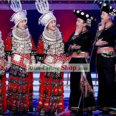 Chinese Miao Male and Female Clothing and Hats 2 Sets