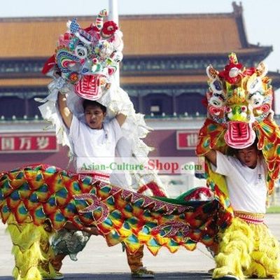 Traditional Chinese Yellow Kylin Dancing Costumes Complete Set