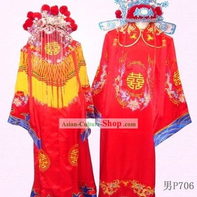 Traditional Chinese Wedding Dresses and Hats Two Sets for Bride and Bridegroom