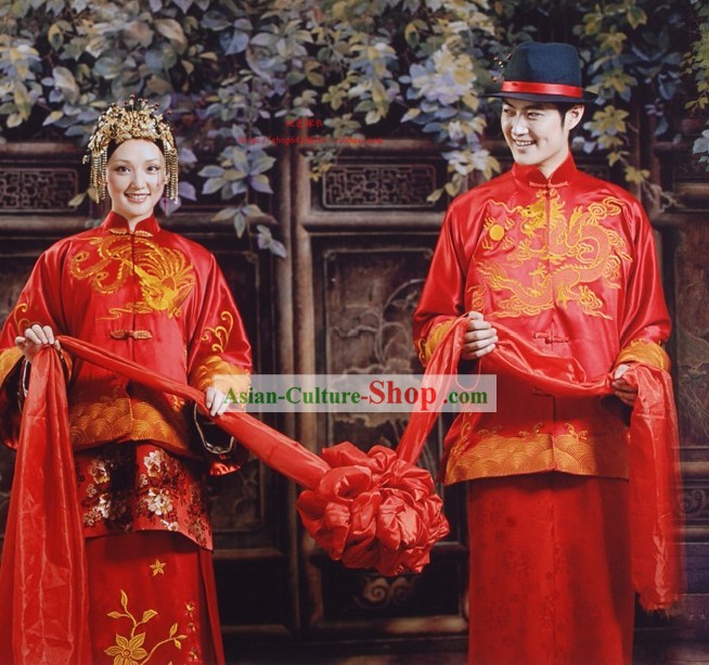 Chinese Dragon and Phoenix Wedding Dress and Hat Two Sets for Bride and Bridegroom