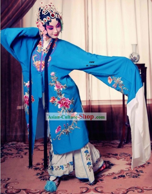 Chinese Beijing Opera Blue Hua Dan Women Costumes and Pants