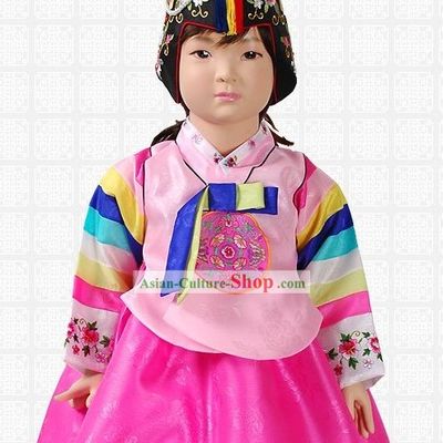 Traditional Korean Baby Girl Hanbok Clothing and Hat Complete Set