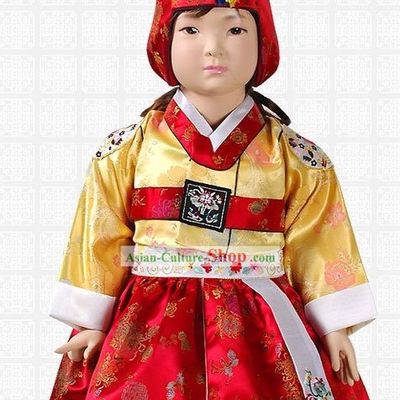 Traditional Korean Baby Girl Hanbok Clothing and Hat Complete Set
