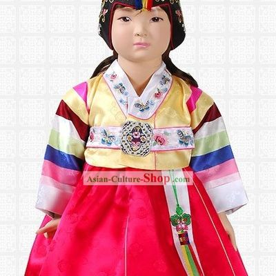 Traditional Korean Baby Girl Hanbok Clothing and Hat Complete Set