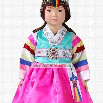 Traditional Korean Baby Girl Hanbok Clothing and Hat Complete Set